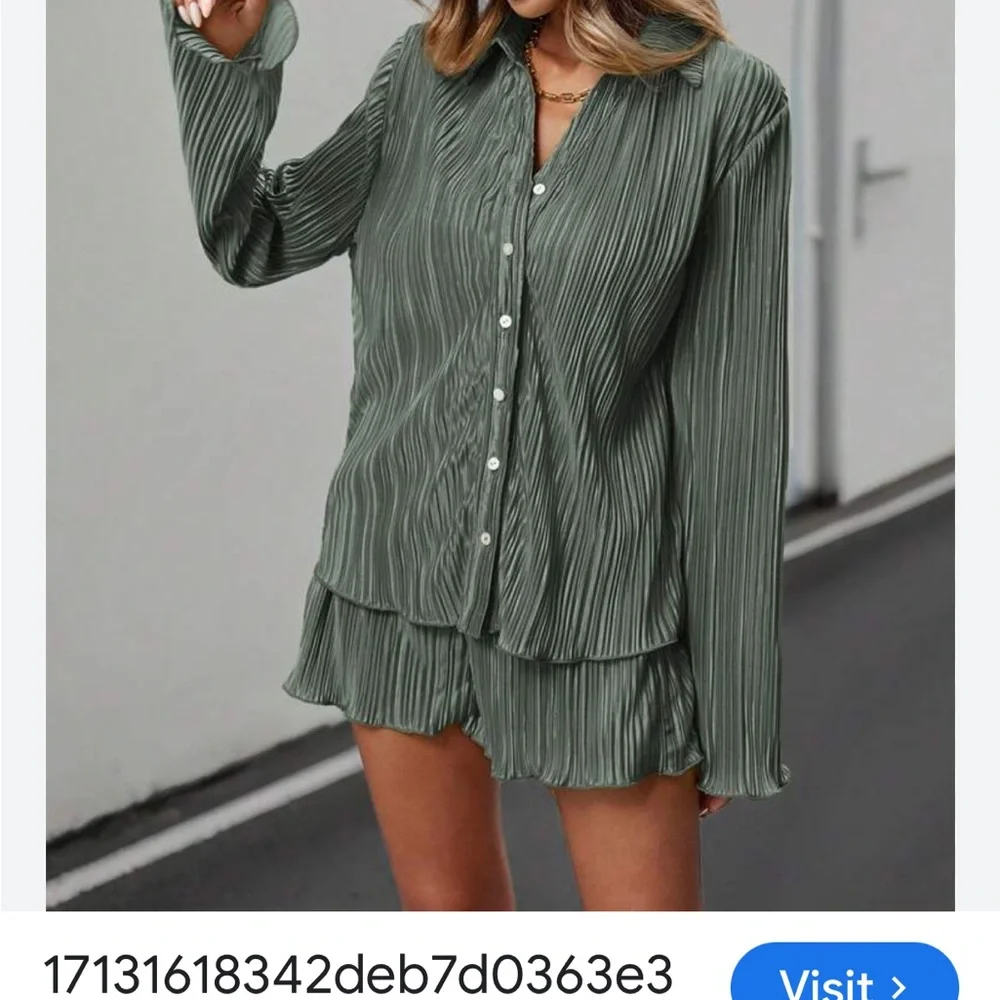 SHEIN Metallic Olive Green pleated shirt and shorts matching set